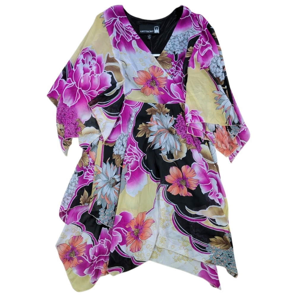 Antthony Kimono Tunic Top Womens Small Floral Japanese Lotus‎ Wrap V Neck Spring